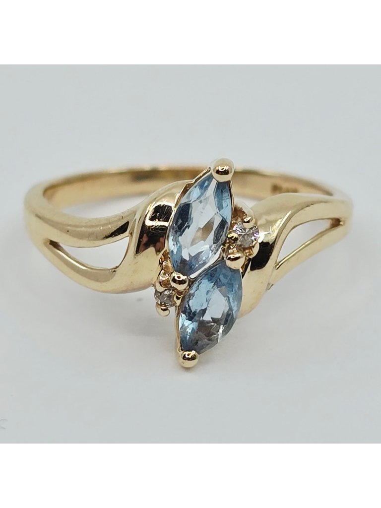 Unique 14k Karat Solid Yellow Gold Designer Aquamarine  Diamond Ring Size 625